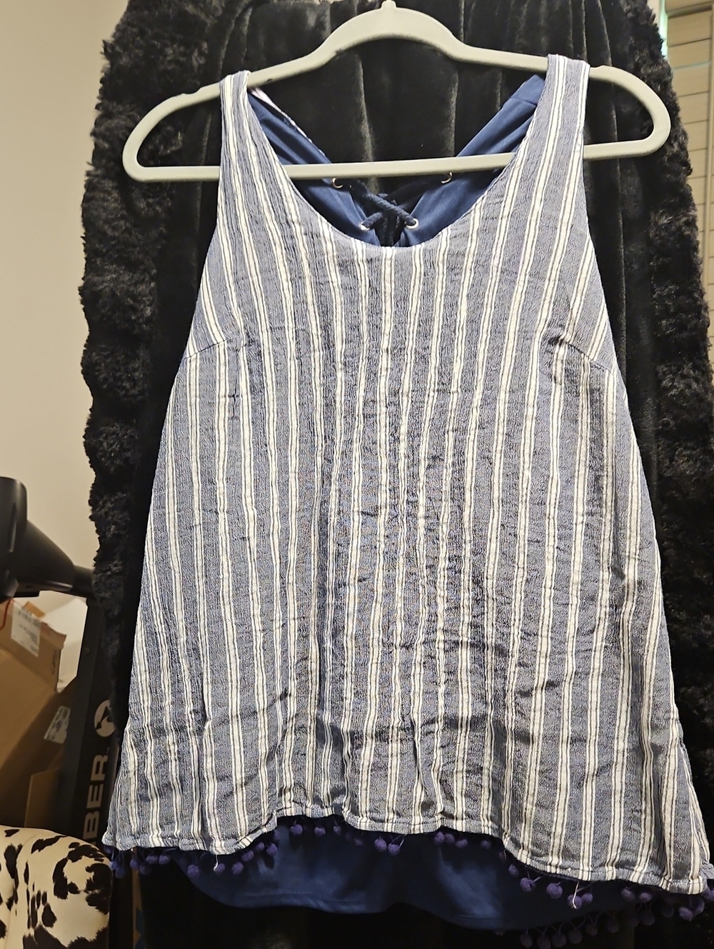 Red Camel Blue and White Striped Sleeveless Pom-Pom Hem Tank